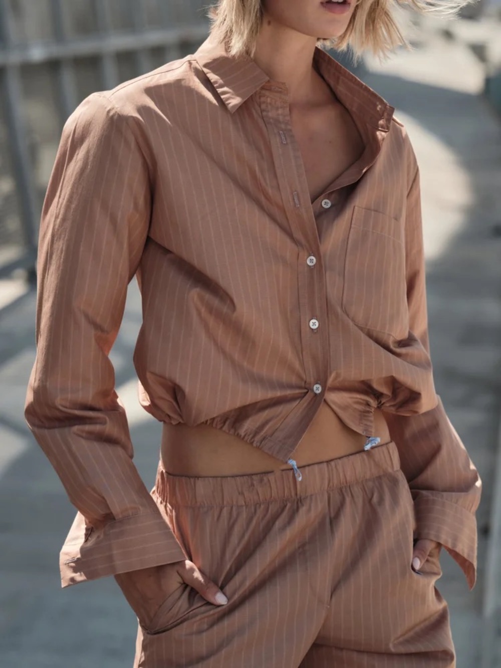 Cissa Brown Pinstripe Cropped Button-Down Shirt - Sz M - Picture 7 of 8